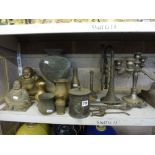 A quantity of 19th century and later metal ware including a Victorian door porter, a brass and shell