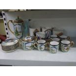 A Noritake set of coffee pot and sugar basin with cover and six cups with saucers, painted with