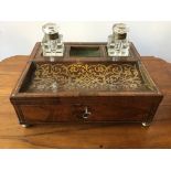 A Regency brass and rosewood boulle writing box with associated cut glass inkwells, 31 x 25 x 11