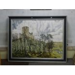 Two large 20th century oils on canvas, one of a Norman castle keep atop a hill, the other a
