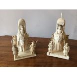 Two Indian ivory models of canopied howdahs and four attendant mahouts, circa 1900, 7.5 x 12 x 14 cm