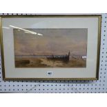 Four various framed watercolours, including W.W. May, a beach scene with a hulk and steam and sail