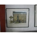 Richard Beer, four well-framed mixed method coloured etchings of old French and Italian shop