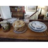 A mixed lot of pottery and porcelain comprising a Royal Doulton jug, earthenware casserole, a blue