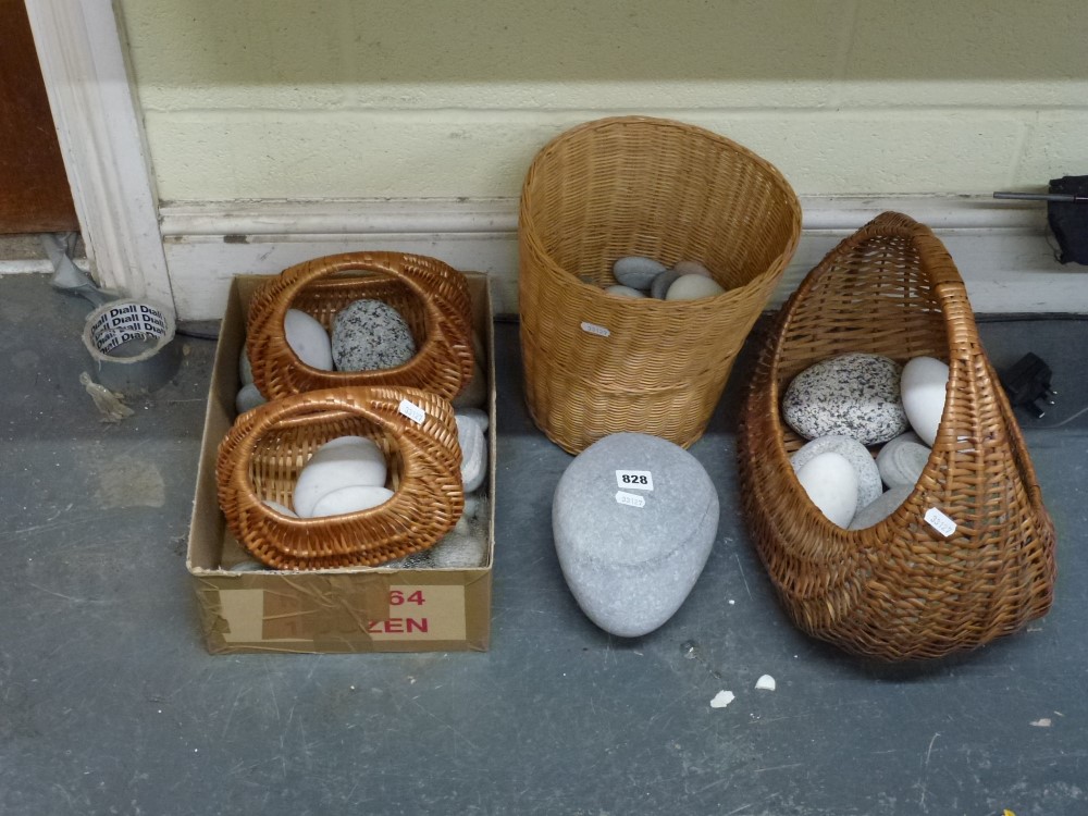 A collection of probably Scottish granite and other pebbles, in four baskets and a box [under C]