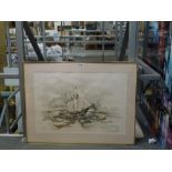Urbain Huchet, a lithograph depicting a French sailing ship, 'Trois Mats', signed in pencil and