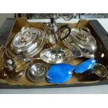 Two cartons of various silver-plated items, including a pair of oval entrée dishes, modern