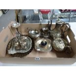 A carton containing a composite Victorian EPNS tea and coffee service, an EPNS egg stand, dishes,