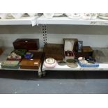 A collection of vintage wooden boxes and tins including marquetry inlaid and carved, a Victorian