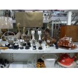 A collection of silver-plated trophy cups, a copper kettle, dish and tray, a Beswick rearing horse