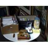 A carton of modern postcards, a Big Ben money box, a Loris wrist watch in fitted box, three old