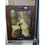 A collection of nine framed decorative items, including a painting leather panel, a bronze bas