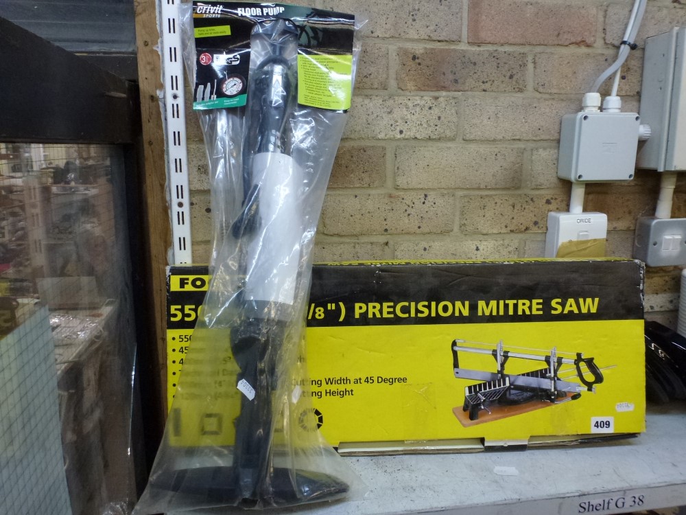 Focus 550ml Precision Mitre Saw in box and a Crivit Sports Floor pump. [G38] WE DO NOT ACCEPT CREDIT