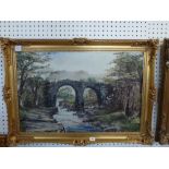 Two oils on canvas: an arched stone bridge over a moorland river, and a woodland brook at sunset,