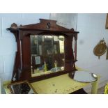 A mahogany two column overmantel mirror. A circular 1930s etched glass mirror and a mirrored clock