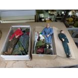 Three Vintage Action Man figures, with uniforms and accessories [upstairs shelves] WE DO NOT