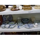 Various blue and white Oriental wares including rice bowls, spoons, a jar and cover, a miniature tea