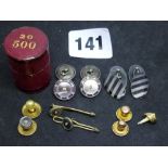 Two 9 ct gold collar studs, a gold-crowned tooth, two pairs of silver cufflinks, four studs, and