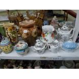 Three shelves of 19th century and later china including Gaudy pattern cheese dome on stand and