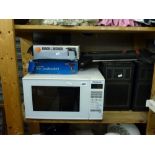 A Panasonic NNE271WM microwave, a pair of Hitachi SS28X speakers, a Black & Decker BD552 hammer