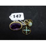 An opal ring and an opal pendant, both test as 9 ct gold, and an antique gold, amethyst and split