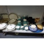 Two shelves of mixed china, mainly dinner and tea wares including Crown Ducal, green glazed Poole