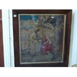 A large early Victorian gros-point panel of a couple in a garden, original rosewood frame, 84 x 77