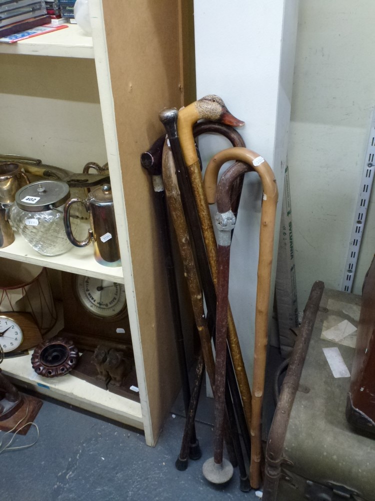 A collection of walking sticks including one with a carved duck's head and a walking cane with