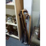A collection of walking sticks including one with a carved duck's head and a walking cane with
