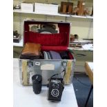 Photographic equipment in an aluminium case, comprising: an Asahi Pentax Spotmatic II camera with