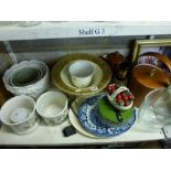 Four shelves of mixed china and glassware including a Portmeirion The Botanic Garden pottery planter