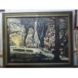 A large 20th century oils on canvas of a surreal Valhalla-like setting of fire and ice, with