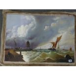 Three oils on canvas, comprising two marine scenes with fishing boats at sea and at anchor, and a