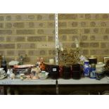 Two shelves of mixed items including tureens and covers, a brown glazed part coffee service,