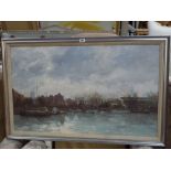 Roy Perry, oils on board, boats moored on the Thames near London, signed (54 x 90 cm), framed WE