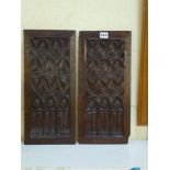 A pair of oak panels carved with tracery, probably French, 45 x 20 cm. PROVENANCE: Bonham's, Oak