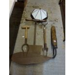 Four vintage farmworker's tools, including a hoe and a shovel, and 6 opaline glass lightshades [