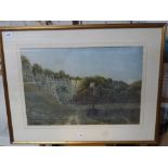 A 19th century watercolour of a sailing barge by a quarry, and another watercolour, misty morning by