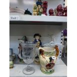 A good mixed lot including a John Peel musical jug with fox handle, a etched glass celery vase,