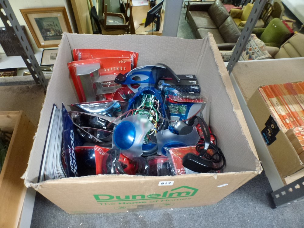 A box of assorted Ultimate Real Robots sets, components and file, including videos and head set [