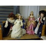 Five modern china collectors dolls including Franklin Heirloom dolls depicting Queens and Princesses
