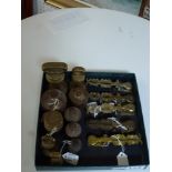 A collection of five sovereign balancers and ten old brass weights. WE DO NOT ACCEPT CREDIT CARDS.