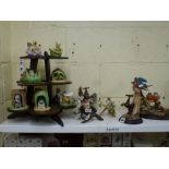 12 Franklin Mint Woodland Suprises figurines on wooden display stand, two Franklin Mint figurines of