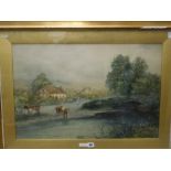 W.J. Wadham, watercolour, a cottage and milkmaid by a bridge with cattle fording the stream,