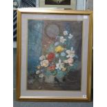 C.D. Clutterbuck, watercolour on paper, an arrangement of summer flowers, with a small parrot on a