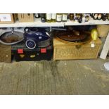 A Bosch GS40 vacuum cleaner, a black tool box, a rattan trunk, a circular pine mirror, a Hoover