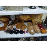 A mixed mainly wooden lot, including two miniature pairs of shoes, a pair of rush adult shoes,