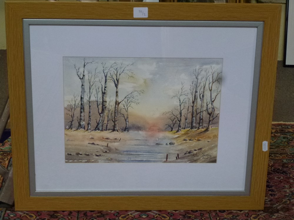 Ken Coulson, two watercolours, of a beached boat at low tide(26 x 35.5 cm) and of trees in winter, - Image 2 of 2