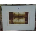 Nine framed items, including Mallinson, mixed method etching, 'At St Katharine's', numbered 5/100,