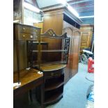 A pretty set of reproduction Georgian style wall shelves, a bowed small chest of two drawers above